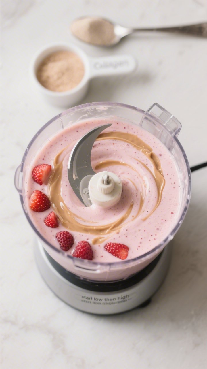 Cooking process: The smoothie mid-blend inside a high-speed blender jar, showing a vortex of pale pi