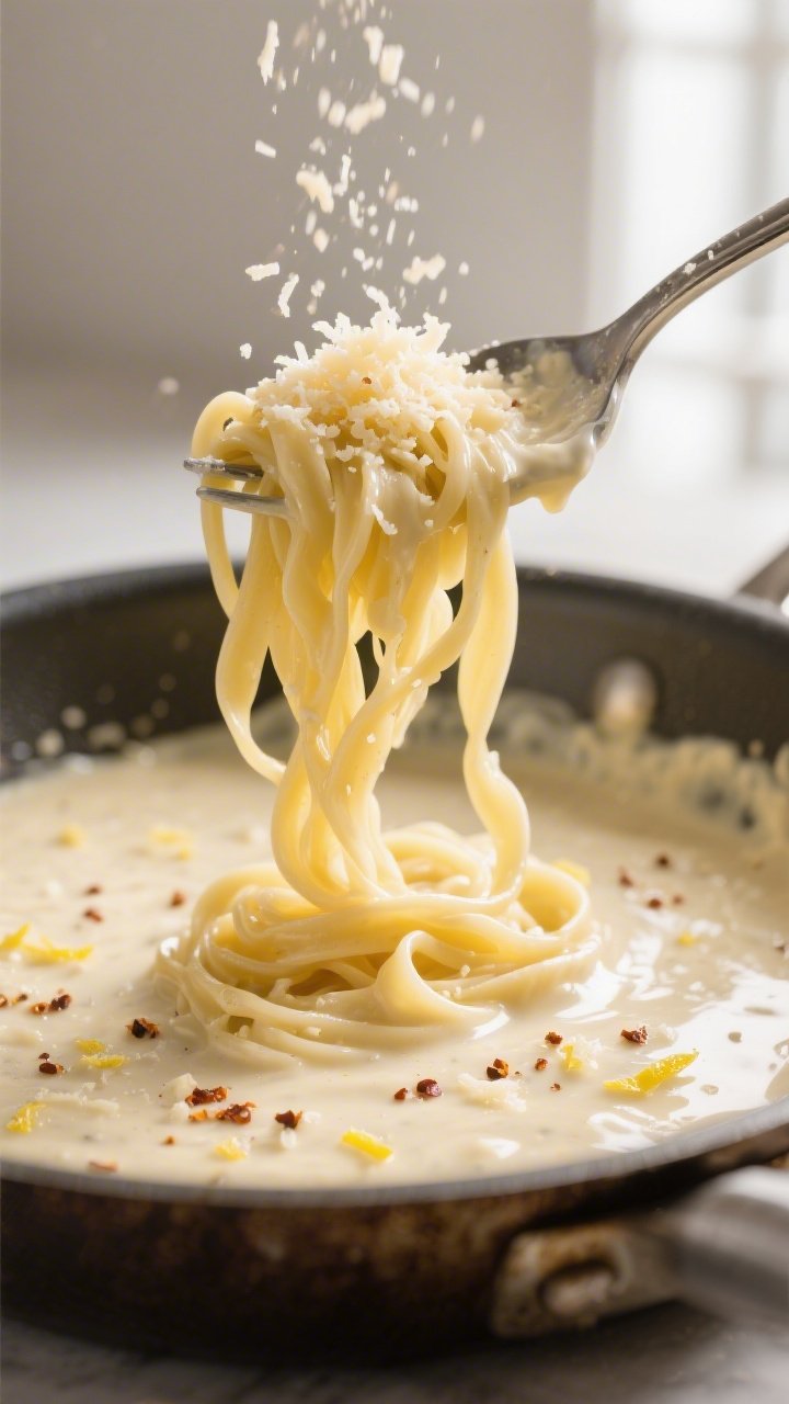 Creamy sauce detail: Close-up of silky Alfredo sauce in the same pan, freshly grated Parmesan being