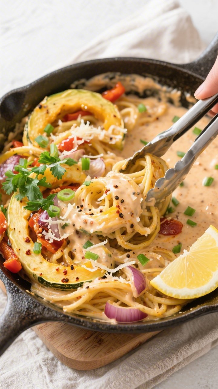 Creamy skillet toss — sauce and squash coming together: Overhead shot of tender spaghetti squash s