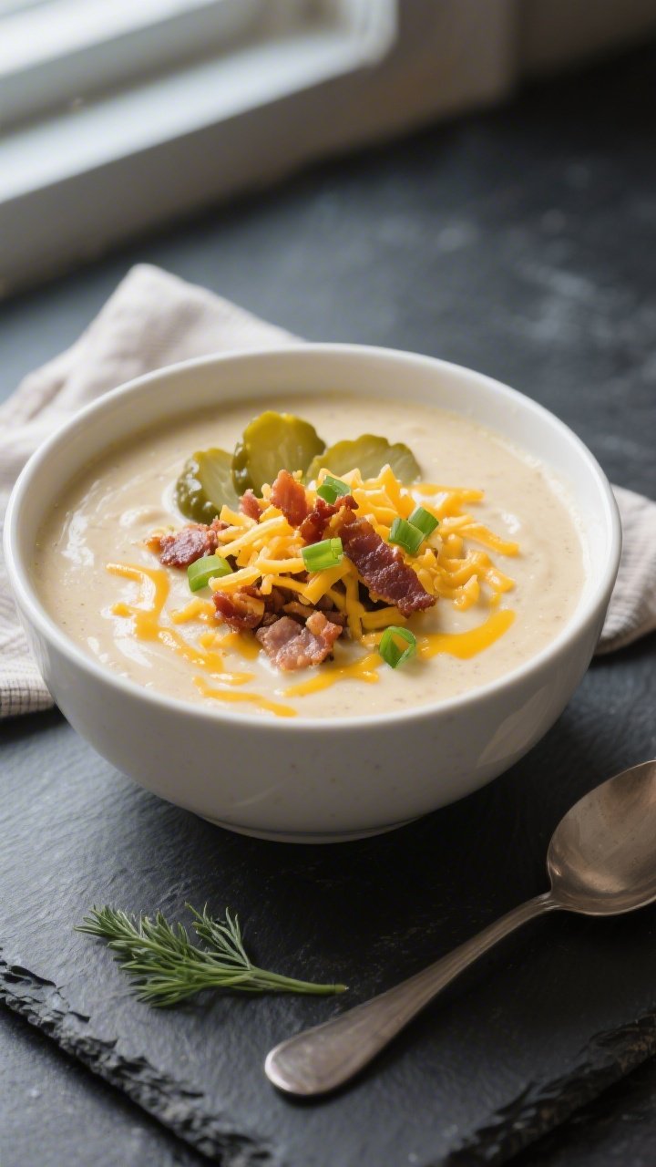 Final bowl presentation: Creamy Keto Cheeseburger Soup ladled into a matte white bowl, ultra-smooth,