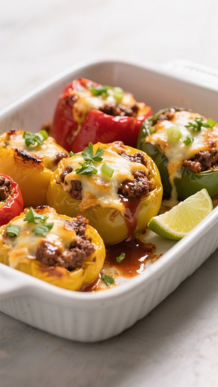 Final dish beauty plate: BBQ Beef Stuffed Peppers just out of the oven, cheese melted and lightly ca