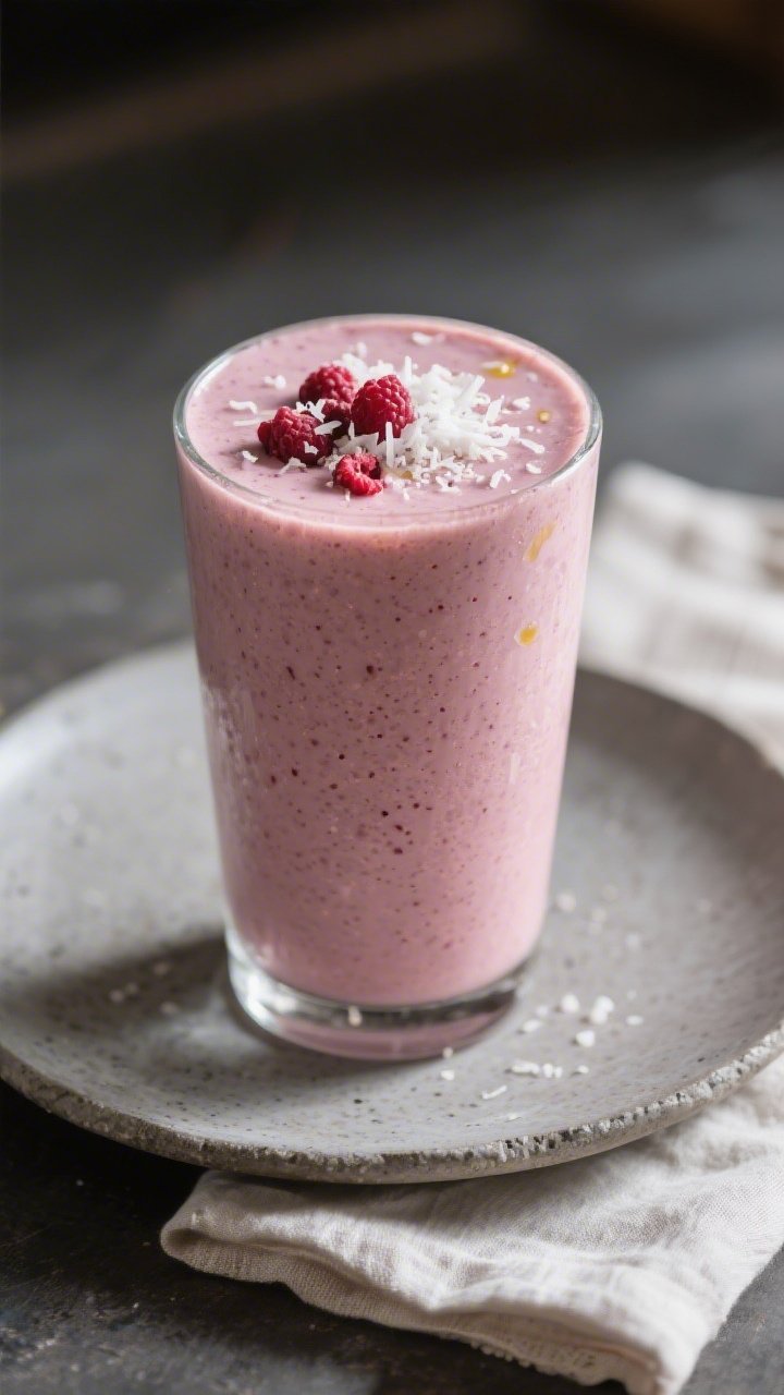 Final dish beauty shot: A tall, chilled glass of Keto Raspberry Coconut Smoothie poured silky-smooth