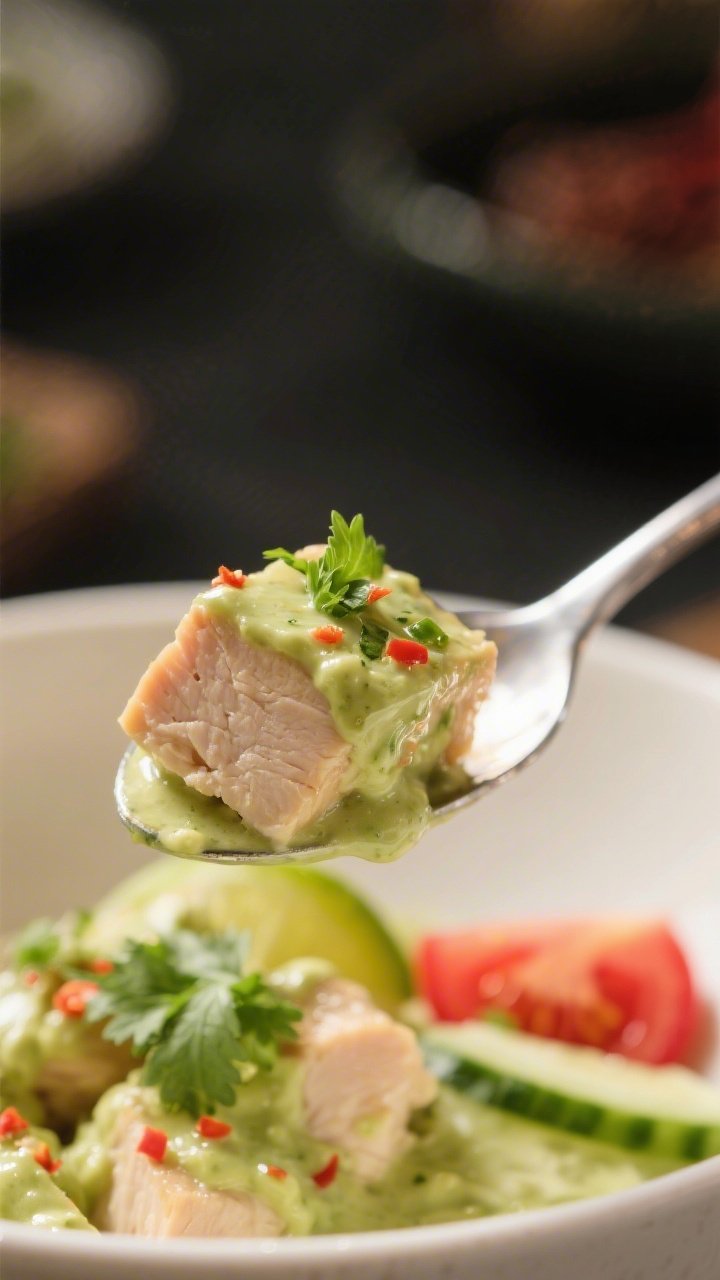 Final dish detail: Extreme close-up of a spoonful hovering over the bowl—tender chicken cube coate