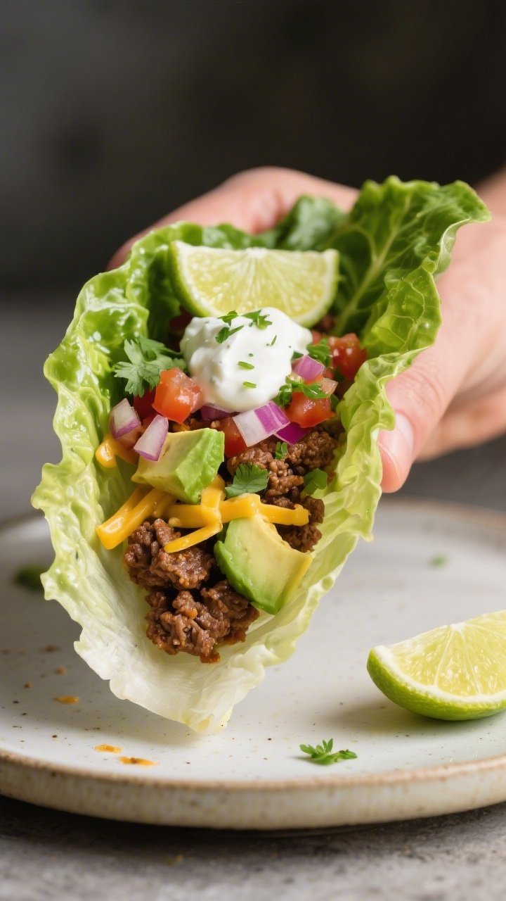 Final dish, handheld wrap close-up: Keto taco lettuce wrap cradled on a plate (no hands visible), fe