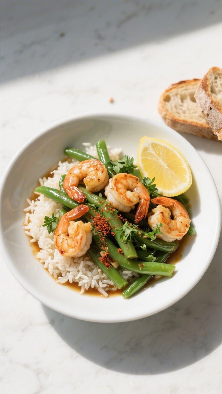 Final dish overhead: Garlic Shrimp & Buttered Green Beans plated in a shallow white bowl over a smal