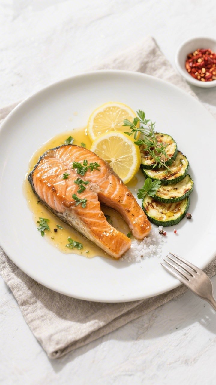 Final dish — overhead plated presentation: Tasty top view of Lemon Herb Salmon & Zucchini plated o