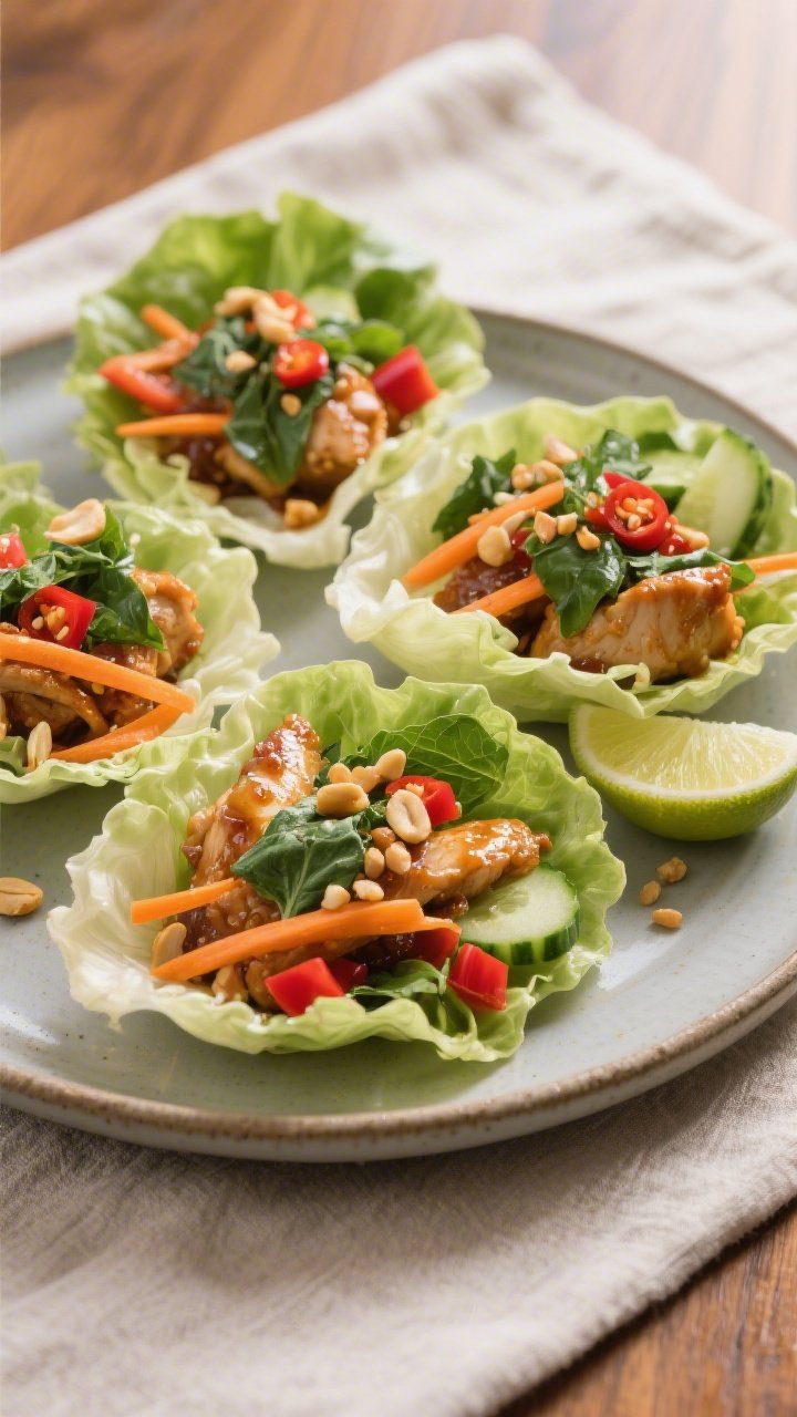 Final dish, plated beauty shot: Thai Basil Chicken Lettuce Wraps assembled on a matte ceramic platte