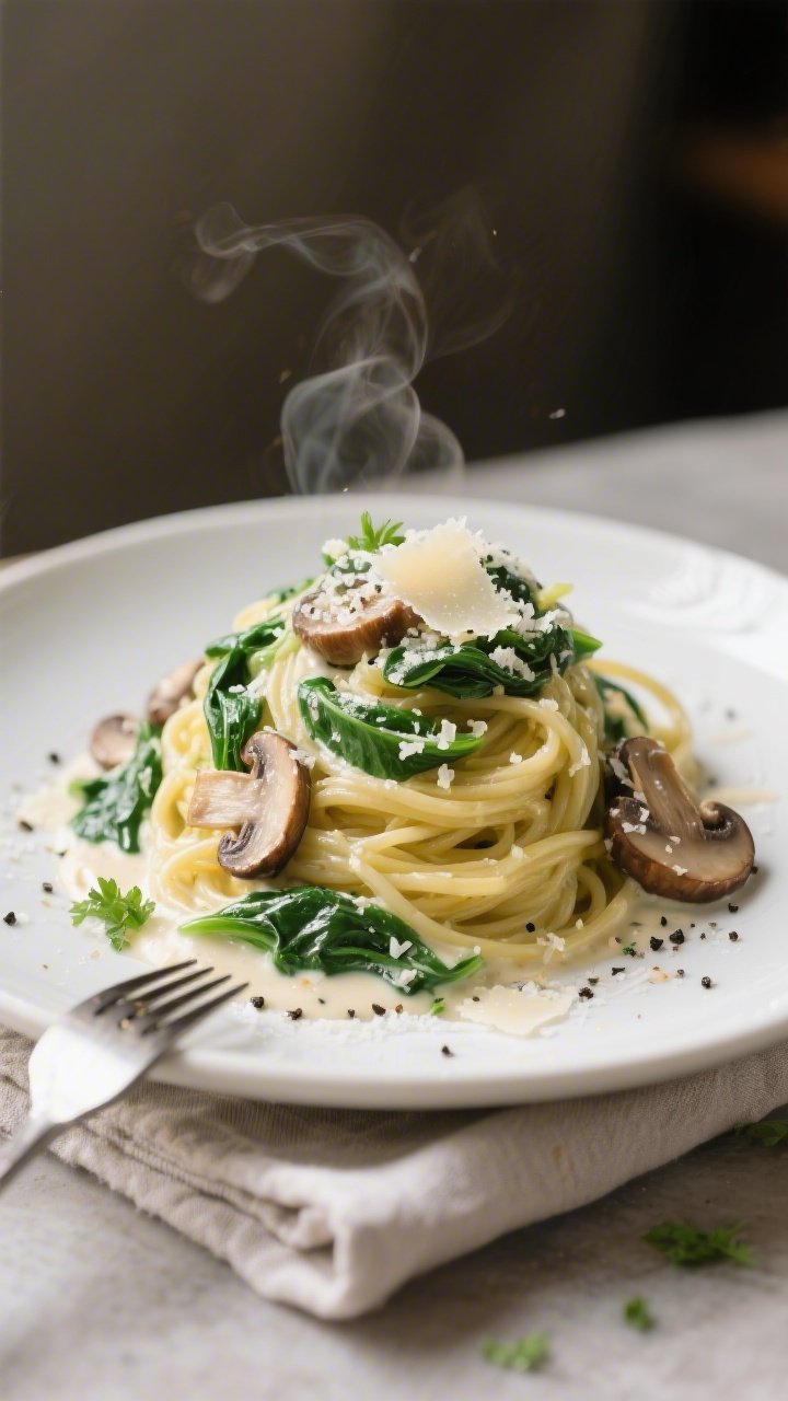 Final dish, plated: Keto Creamy Spinach Mushroom Spaghetti Squash twirled into a neat nest on a matt