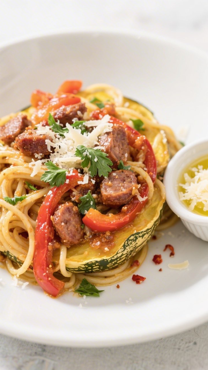 Final dish, plated: Keto Sausage and Peppers Spaghetti Squash tossed and twirled into a shallow whit