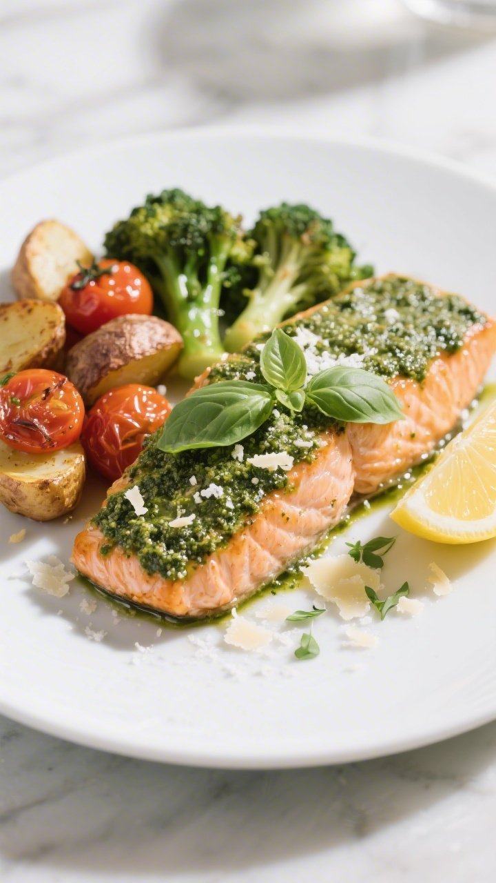 Final dish, plated presentation: Pesto-slicked salmon fillet, just-broiled for lightly browned pesto
