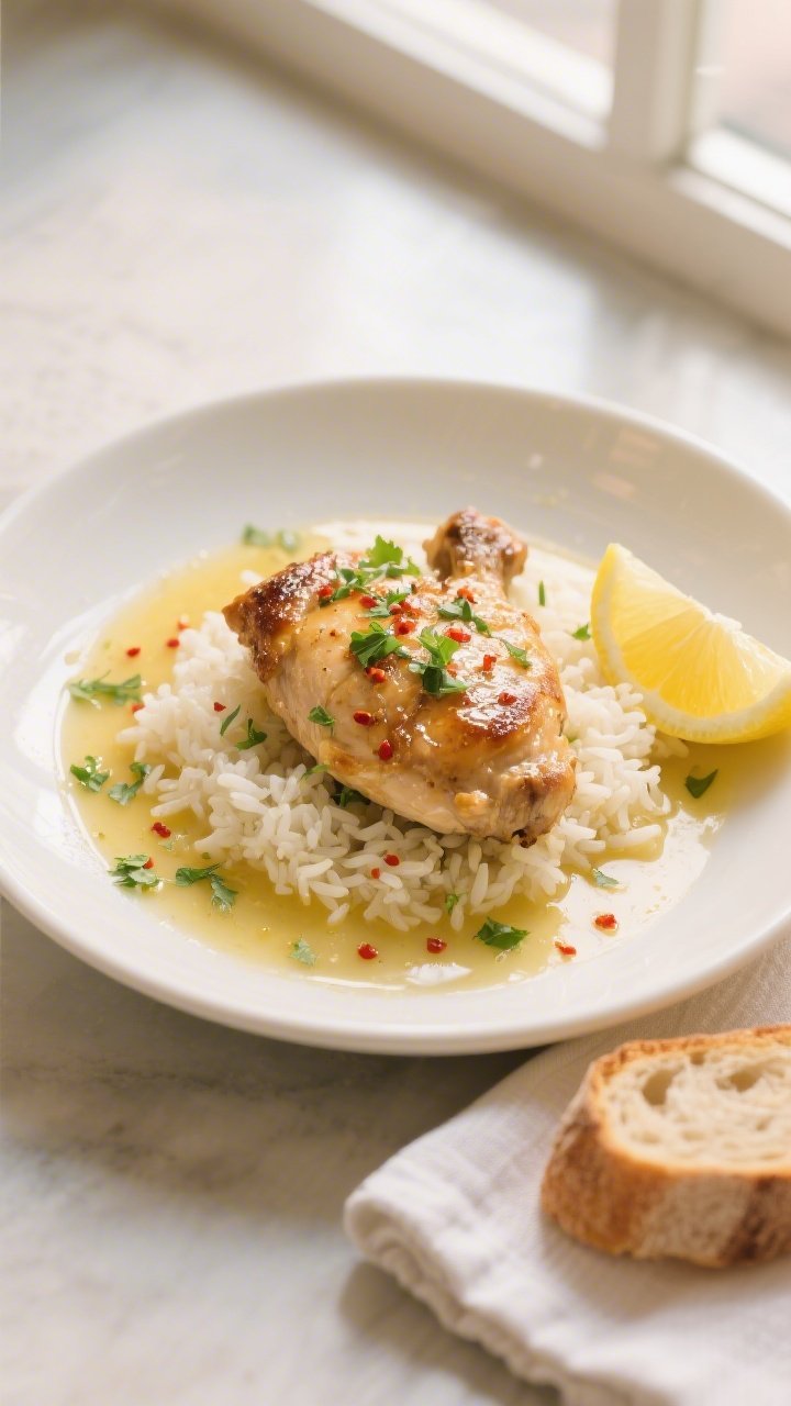 Final dish, plated restaurant-style: Garlic Butter Chicken glistening in a silky, lemony pan sauce o