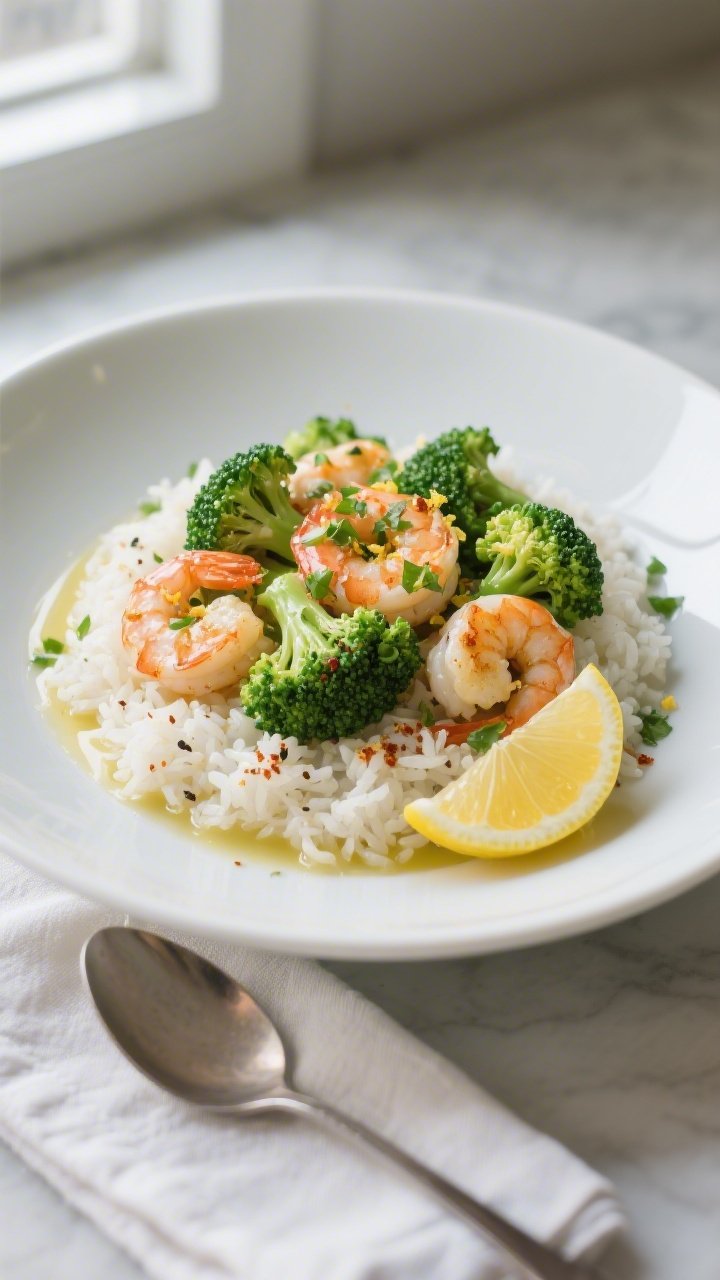 Final dish, plated restaurant-style: Garlic Butter Shrimp & Broccoli plated over fluffy white rice o