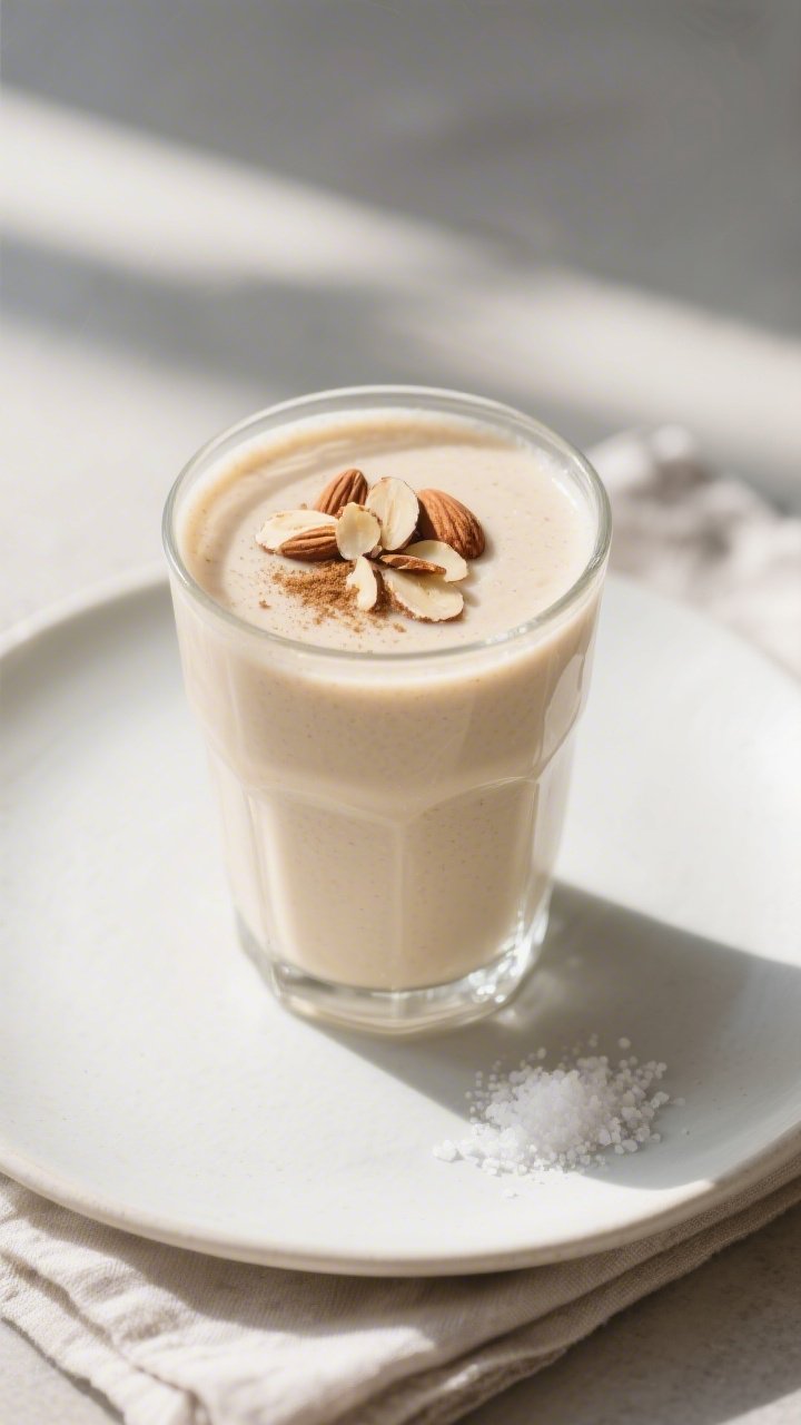 Final dish presentation: A chilled glass of Keto Vanilla Almond Smoothie poured to the brim, ultra-c