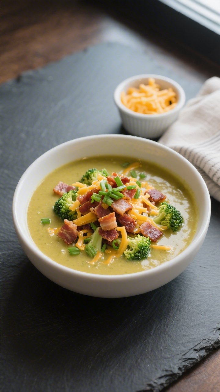 Final dish presentation: A restaurant-quality bowl of keto cheesy broccoli and bacon soup, thick and