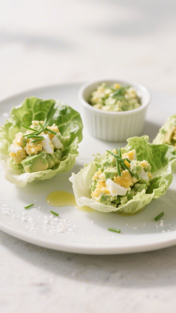 Final dish presentation: Avocado egg salad tucked into butter lettuce cups arranged on a matte white