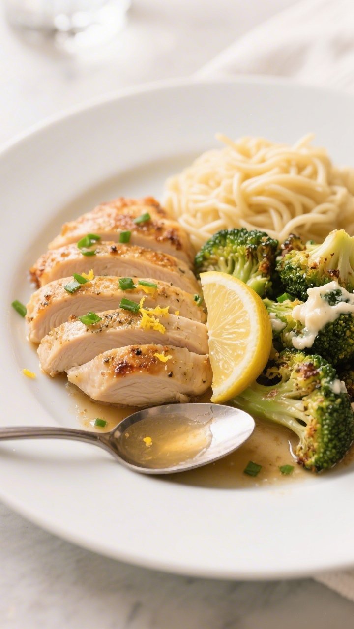 Final dish presentation: Beautifully plated Baked Ranch Chicken & Broccoli on a wide white dinner pl