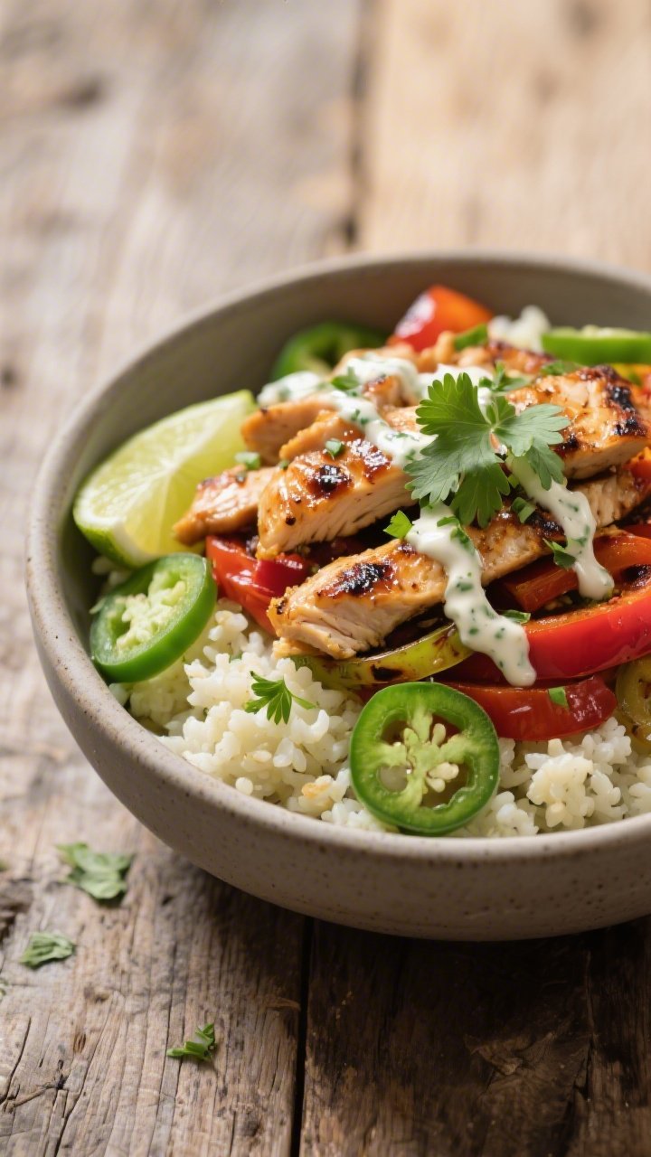 Final dish presentation: Beautifully plated cauliflower rice–based Keto Chicken Fajita Bowl with e