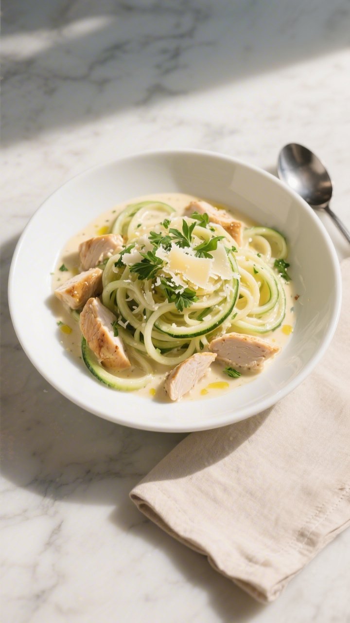 Final dish presentation: Beautifully plated Chicken Alfredo Zoodles in a wide, shallow white bowl, s