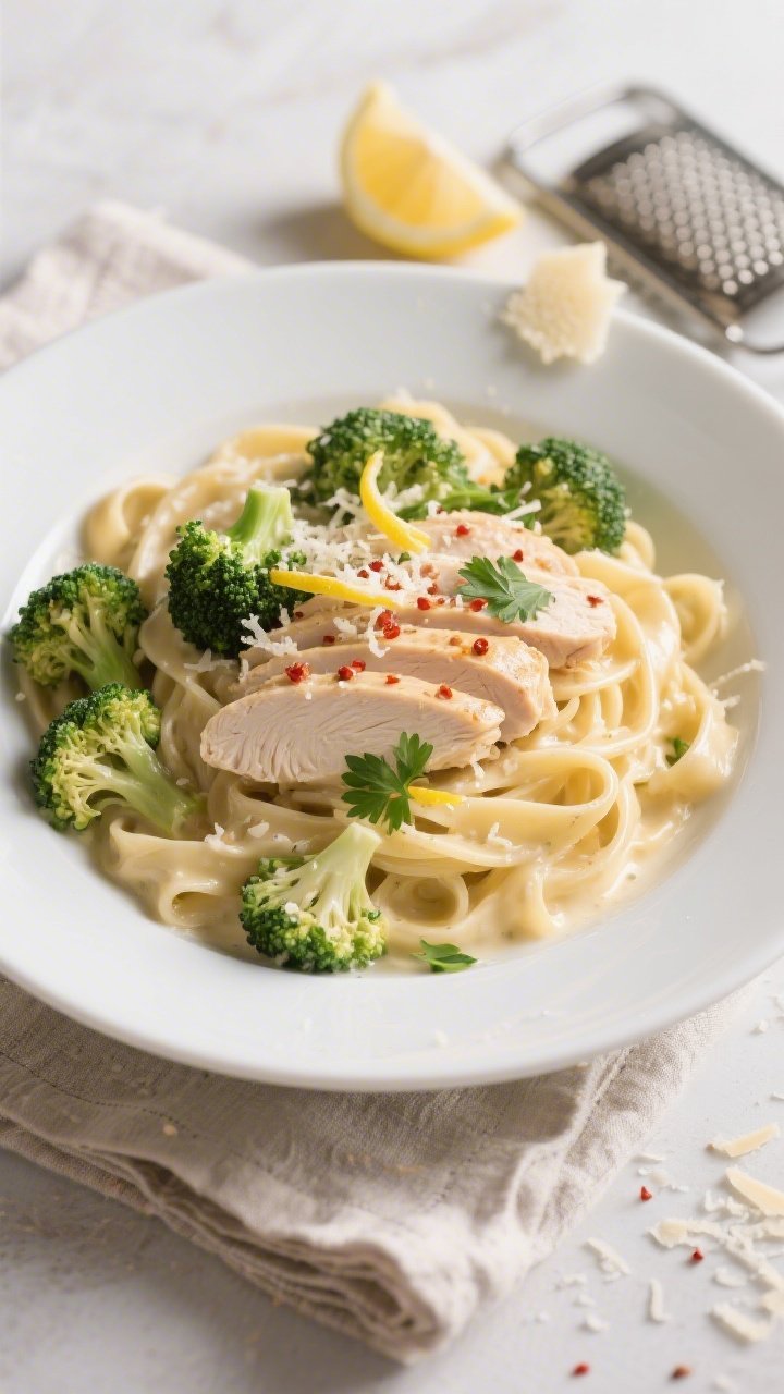Final dish presentation: Beautifully plated Creamy Alfredo Chicken & Broccoli—fettuccine piled hig