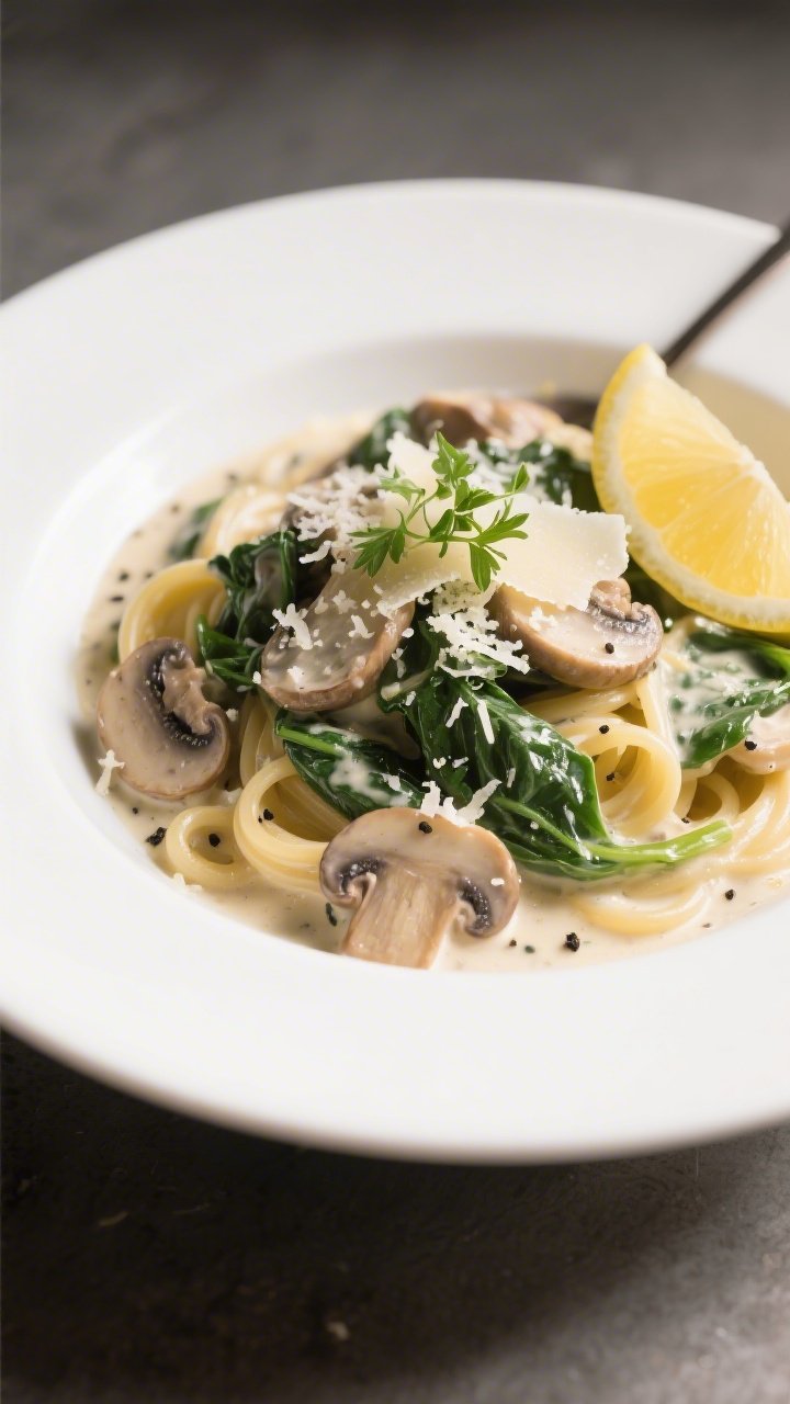Final dish presentation: Beautifully plated Creamy Spinach & Mushroom Skillet spooned over al dente 