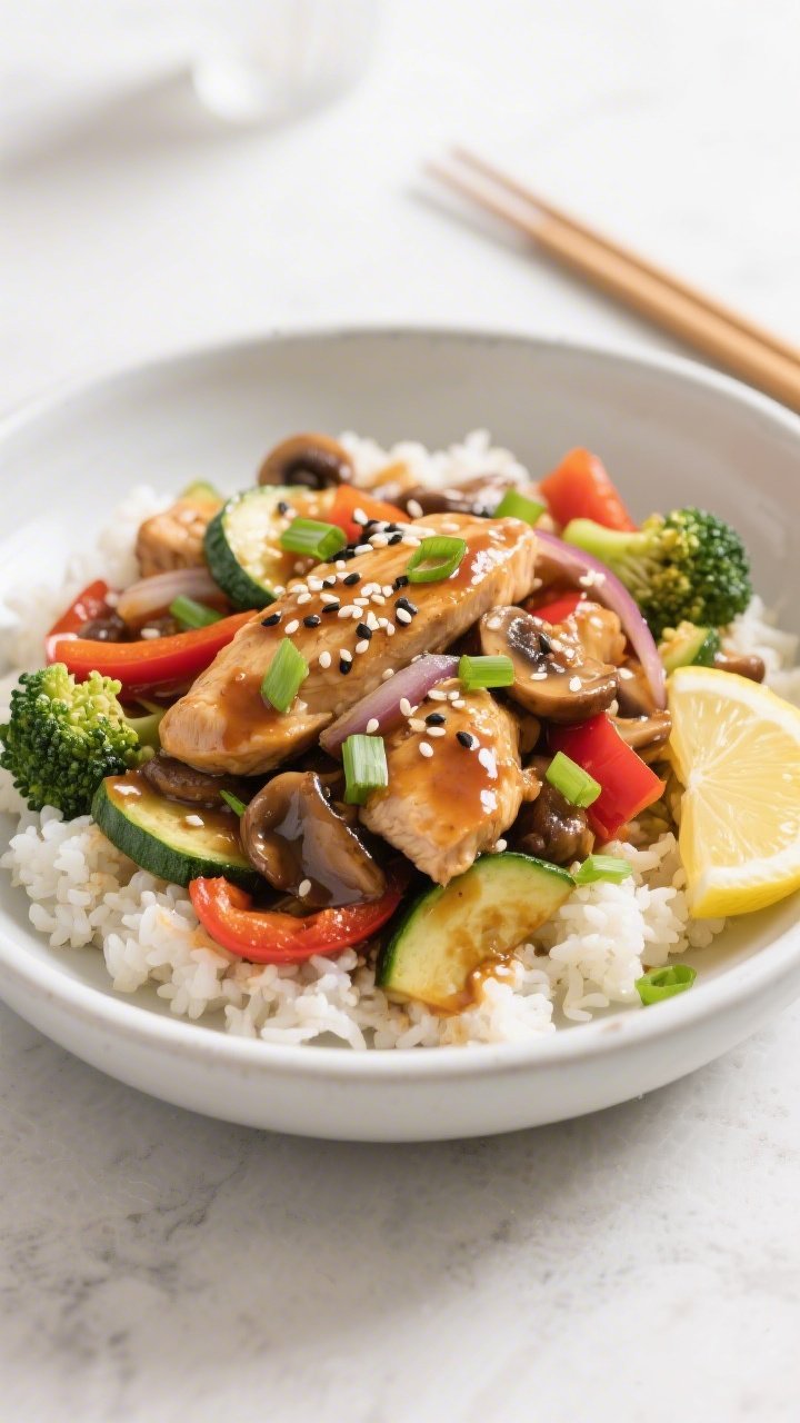 Final dish presentation: Beautifully plated Easy Keto Chicken Stir Fry mounded over fluffy cauliflow