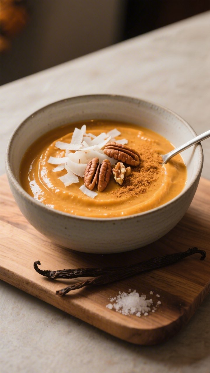 Final dish presentation: Beautifully plated “Extra Thick Bowl” variation—pumpkin smoothie bowl