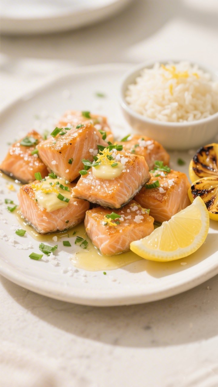 Final dish presentation: Beautifully plated Garlic Herb Butter Salmon Bites piled on a warm white ce