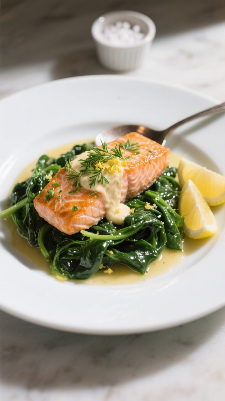 Final dish presentation: Beautifully plated Garlic Herb Salmon & Spinach on a white ceramic plate—