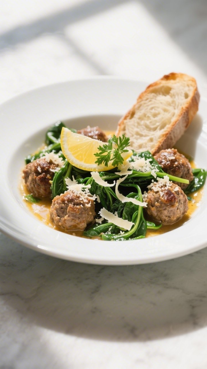 Final dish presentation: Beautifully plated Garlic Parmesan Meatballs & Spinach in a wide, shallow w