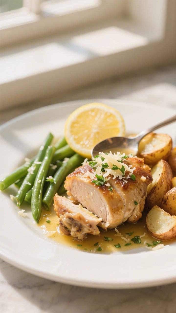 Final dish presentation: Beautifully plated Garlic Butter Chicken Thighs on a warm white plate, one