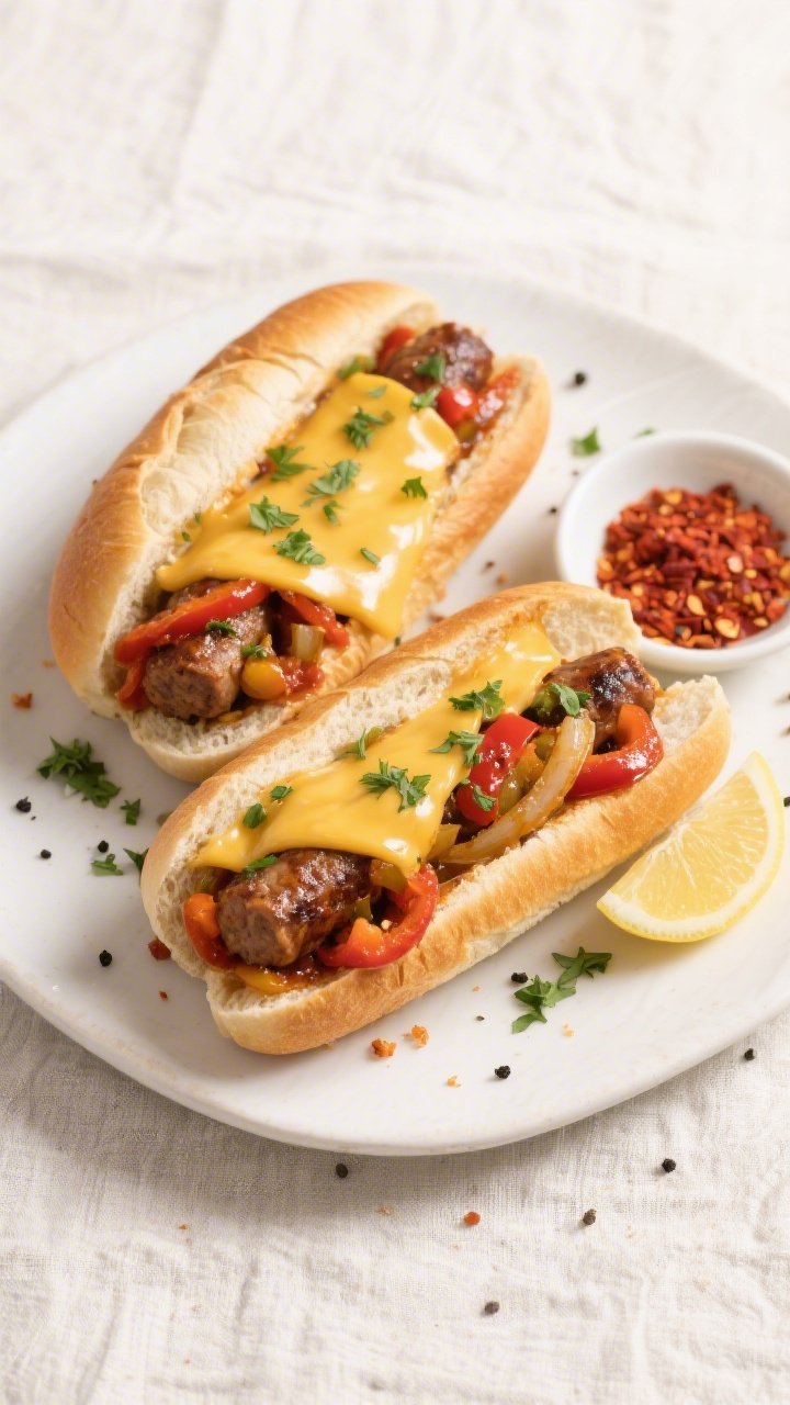 Final dish presentation: Beautifully plated Italian Sausage & Peppers stuffed into toasted hoagie ro