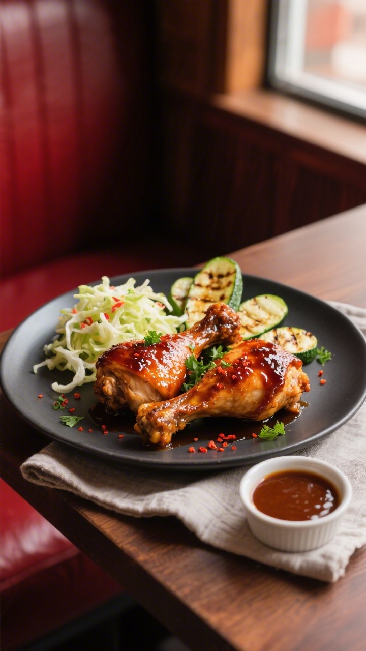 Final dish presentation: Beautifully plated Keto BBQ Chicken (thighs and drumsticks) with a lacquere