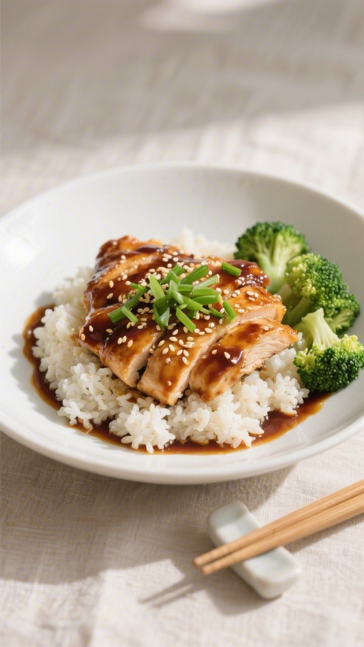 Final dish presentation: Beautifully plated keto chicken teriyaki over fluffy cauliflower rice in a