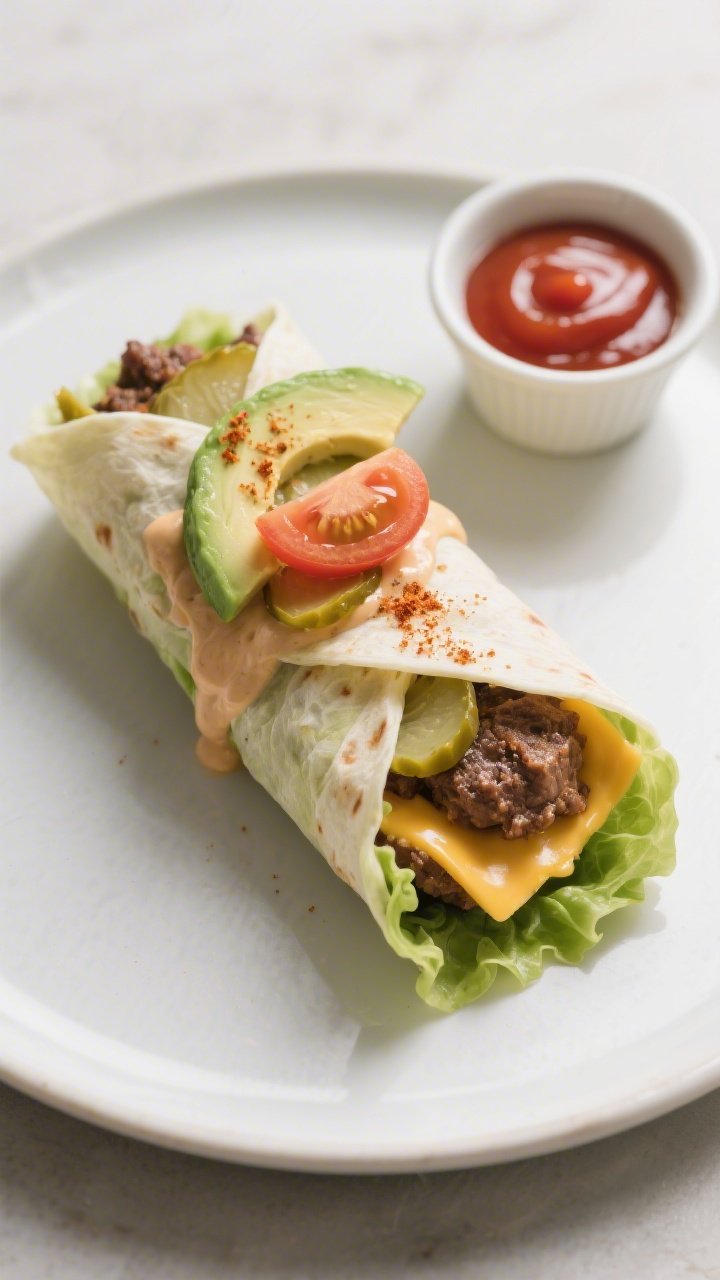 Final dish presentation: Beautifully plated keto cheeseburger lettuce wraps, rolled burrito-style in