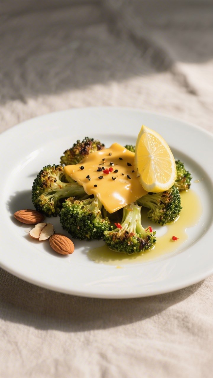 Final dish presentation: Beautifully plated Keto Cheddar Roasted Broccoli as a side, arranged on a m