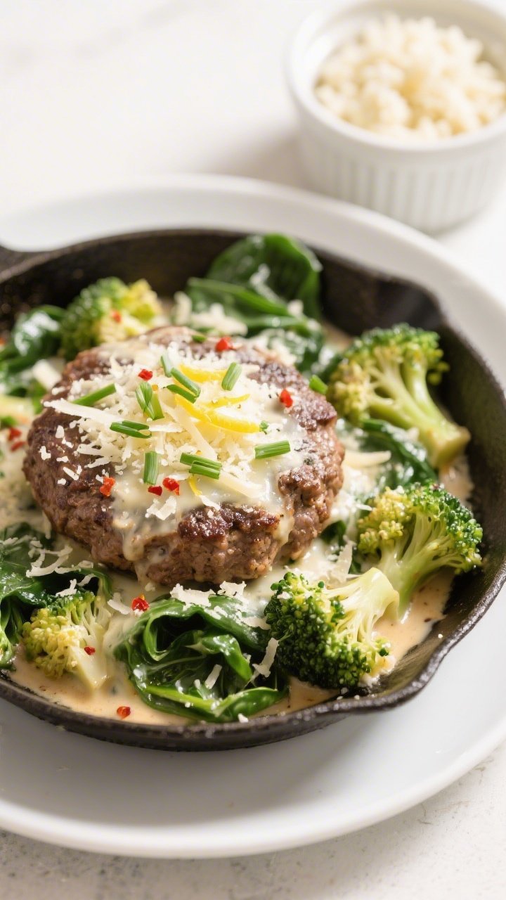 Final dish presentation: Beautifully plated Keto Garlic Parmesan Hamburger Skillet served in a shall