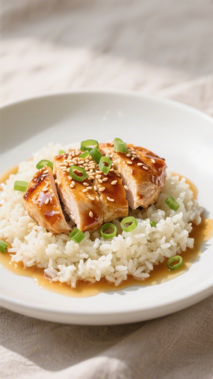 Final dish presentation: Beautifully plated Keto Honey Garlic Chicken over fluffy cauliflower rice o