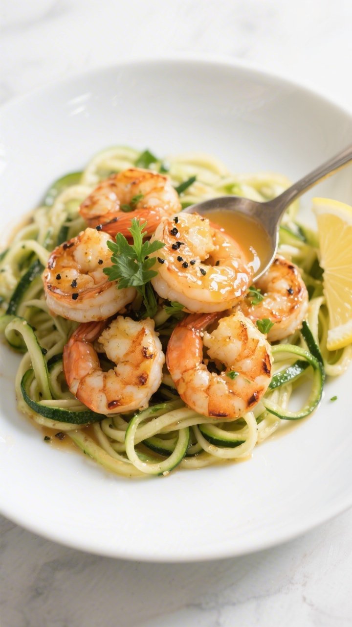 Final dish presentation: Beautifully plated Keto Shrimp Scampi over zucchini noodles on a wide white