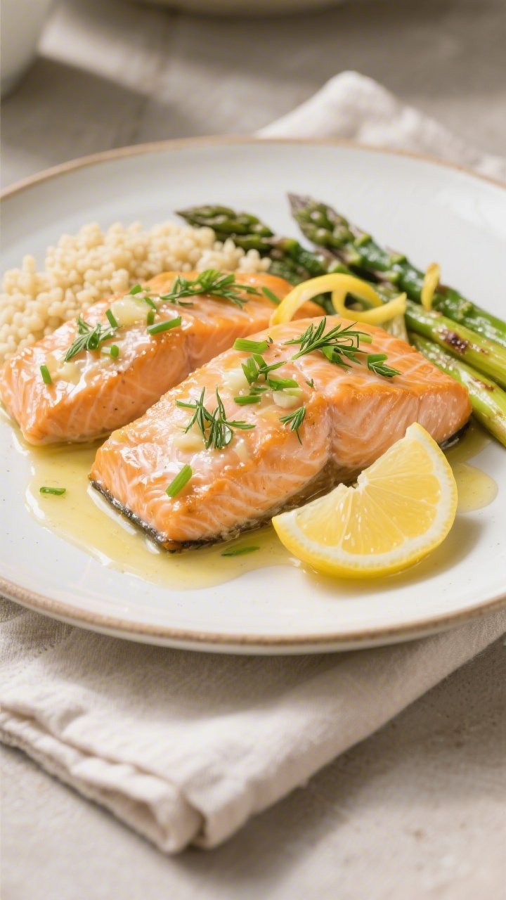 Final dish presentation: Beautifully plated Lemon Butter Salmon on a white rimmed plate, two fillets