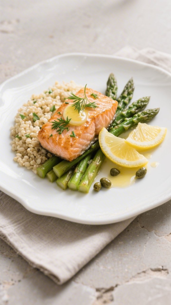 Final dish presentation: Beautifully plated Lemon Butter Salmon & Asparagus on a white ceramic dinne