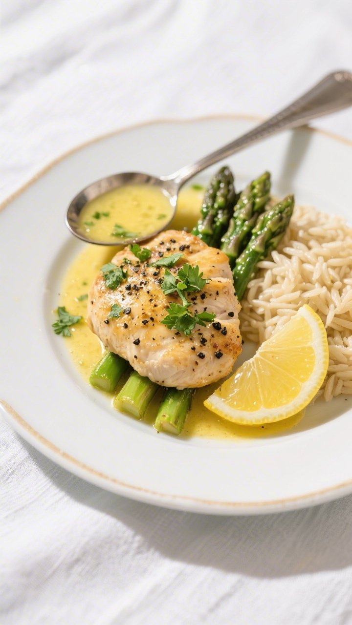 Final dish presentation: Beautifully plated Lemon Pepper Chicken & Asparagus on a white rimmed plate