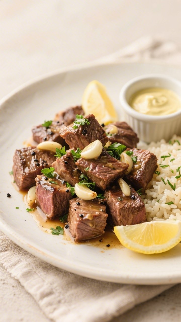 Final dish presentation: Beautifully plated One-Pan Garlic Butter Steak Bites piled on a warm white