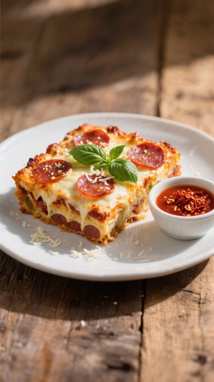 Final dish presentation: Beautifully plated square of keto pepperoni pizza casserole on a white cera