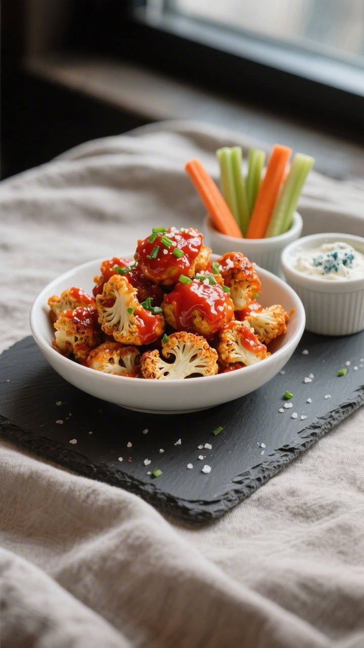Final dish presentation: Buffalo Roasted Cauliflower Bites piled high in a wide, shallow white bowl,