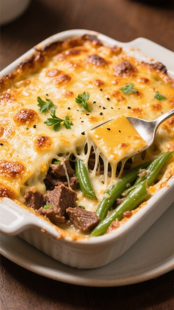 Final dish presentation — Golden, bubbly finish: A restaurant-quality, three-quarter angle close-u