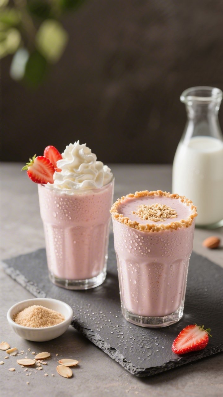 Final dish presentation: Hero shot at a 45-degree angle of two Keto Strawberry Cheesecake Smoothies