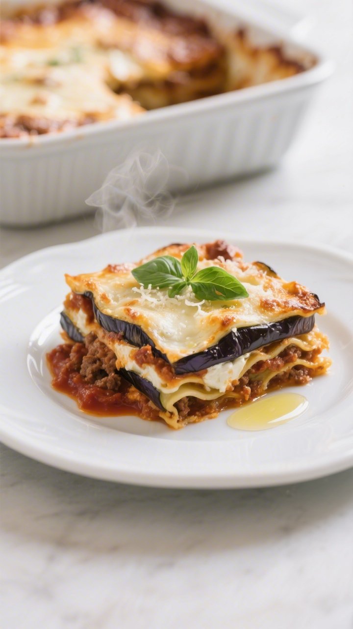 Final dish presentation, hero shot: Beautifully baked eggplant lasagna slice plated on a white ceram