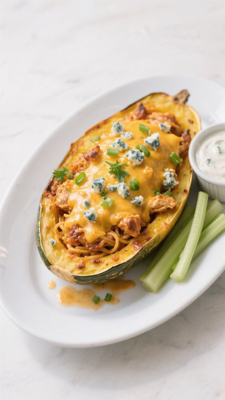 Final dish presentation: Keto Buffalo Chicken Spaghetti Squash served “boat-style” in the roaste