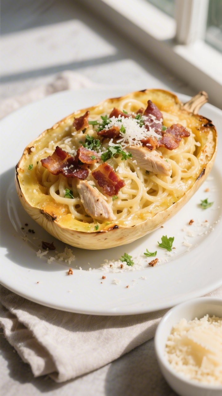 Final dish presentation: Keto Chicken Bacon Alfredo Spaghetti Squash piled back into roasted squash 