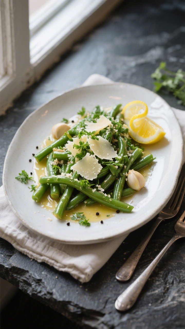 Final dish presentation: Keto Garlic Lemon Green Beans elegantly plated on a wide, matte white plate